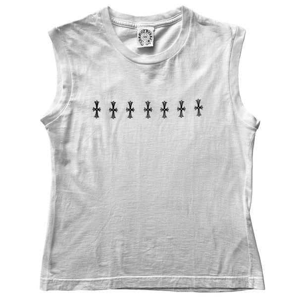 Chrome Hearts crosses sleeveless white tee with black print, circa early 2000’s. Sleeveless crew neck tee with a line of 7 small crosses at upper chest and Chrome Hearts scroll logo at bottom hem. Made in USA