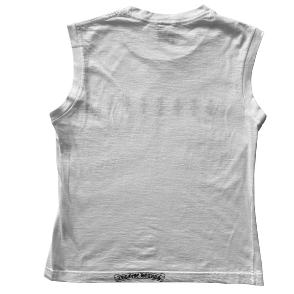 Chrome Hearts crosses sleeveless white tee with black print, circa early 2000’s. Sleeveless crew neck tee with a line of 7 small crosses at upper chest and Chrome Hearts scroll logo at bottom hem. Made in USA
