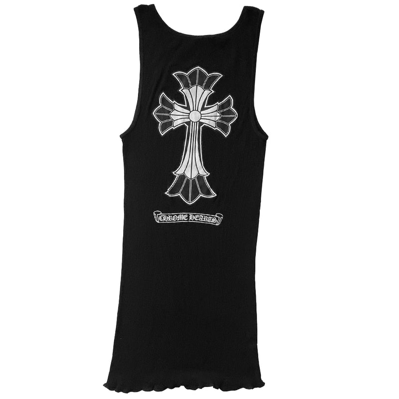Chrome Hearts black with white double layer cross tank circa early 2000’s with double layer of small white cross on top of outlined cross at chest with CH logo at front lower hem and large double layered cross design in back. Chrome Hearts scroll logo banner below Size: S Made in USA 