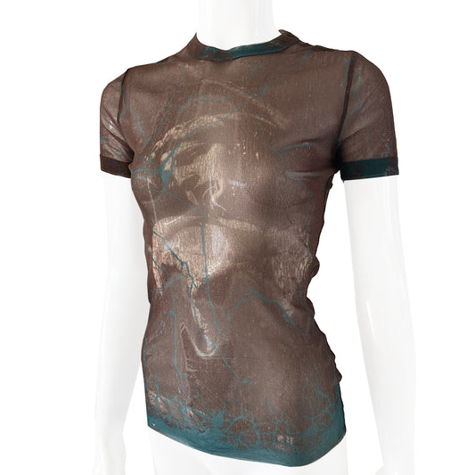 Jean Paul Gaultier statue mesh top in  brown, beige, teal,blue by Jean Paul Gaultier Classique, 1990’s with crew neck, short sleeves featuring a stone statue and cracked marble on front and back. Made in Italy
