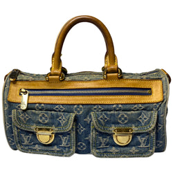 Louis Vuitton monogram blue denim neo speedy by Marc Jacobs for Louis Vuitton, 2005 with 2 outer front pockets with gold-tone push lock closures and hardware. Vachetta leather trimmed exterior, zippered outer pocket, 2 rolled leather handles. Top zip closure opens to alcantara lining with one interior slip pocket. Made in France