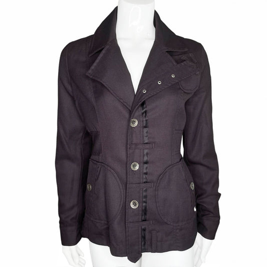 Diesel hip length collared purple wool jacket with grommet detail, silver-tone front button closure, rounded patch pockets with buttons, buttons at sleeve hem, satin detail 