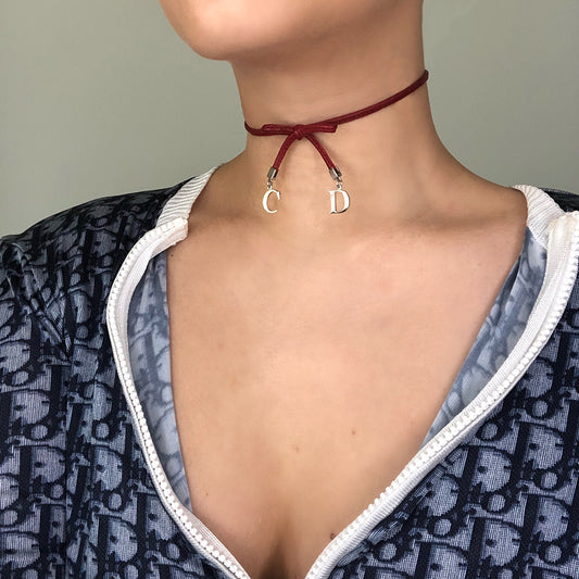 Dior Burgundy Leather CD Bow Choker