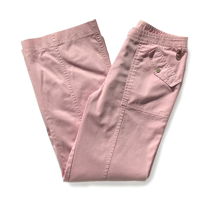 Christian Dior Pink Cargo Pants with hiigh waist flared leg and 4 pocket cargo style trousers with cargo pockets in front and back,  silver-tone metal engraved Christian Dior CD buttons, front zip closure. Silver-tone engraved metal clip for keys at front waistband