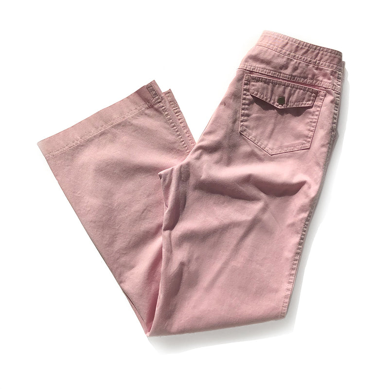 Christian Dior Pink Cargo Pants with hiigh waist flared leg and 4 pocket cargo style trousers with cargo pockets in front and back,  silver-tone metal engraved Christian Dior CD buttons, front zip closure. Silver-tone engraved metal clip for keys at front waistband