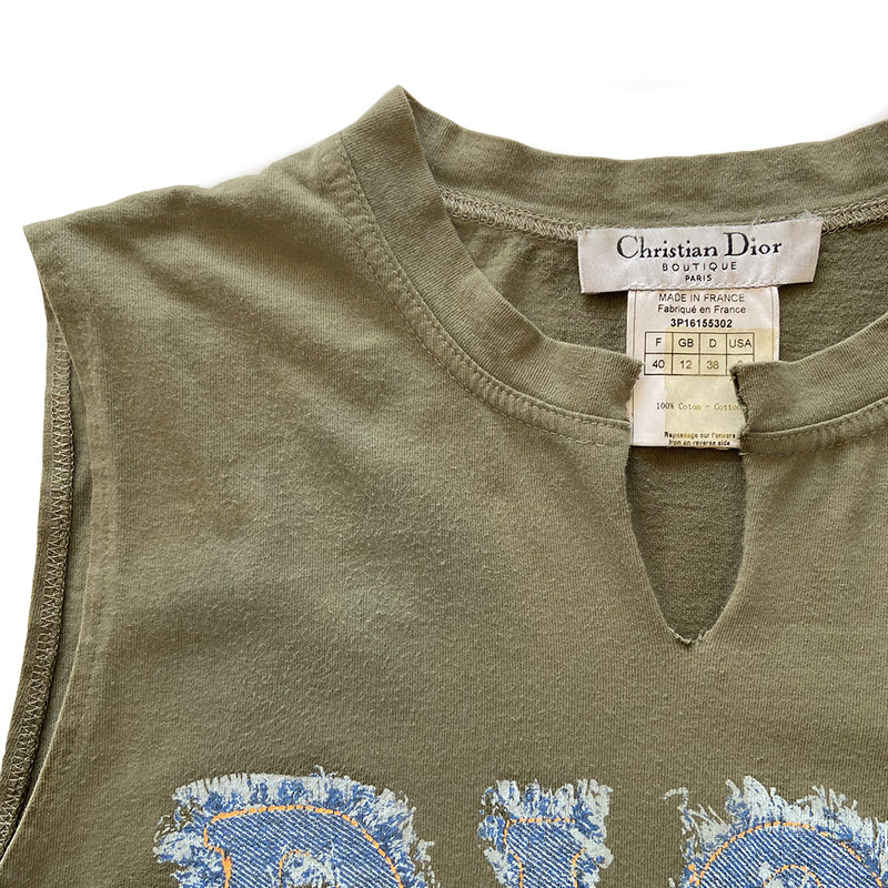 Christian Dior frayed denim logo tee khaki tee by John Galliano for Dior, spring 2003. Stretch jersey fabric with ribbed crew neck and front open neck with faded and frayed denim DIOR letters front graphic. Size: FR 40 Made in France 