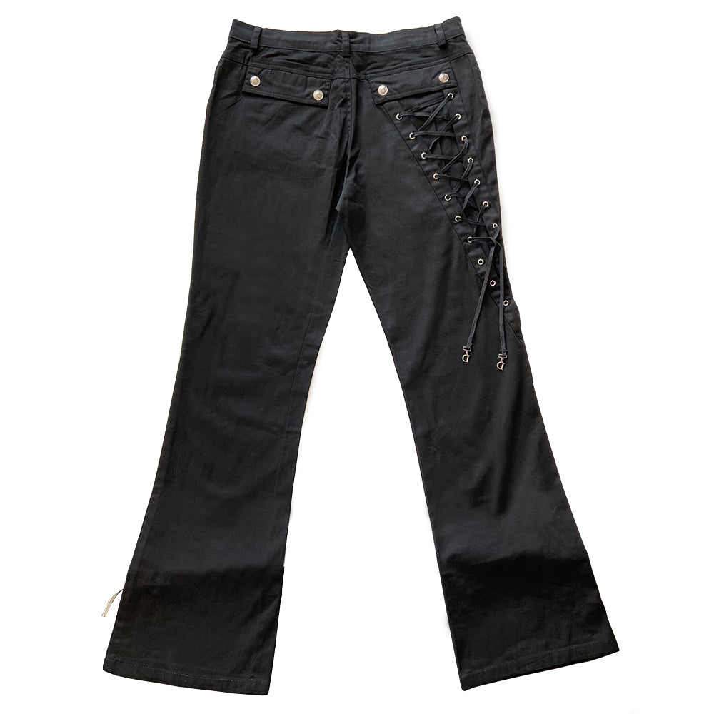 Christian Dior Lace Up Trousers from autumn 2013, high waisted with belt loops, flared leg with silver-tone hardware, grommets and logo buttons. Crystal Dior logo at front pocket opening and leather flower and number 1 surrounded with crystals at hemline 2 back snap pockets. Laces with metal logo D’s through metal grommets 