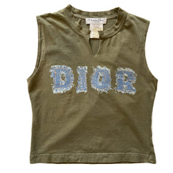 Christian Dior frayed denim logo tee khaki tee by John Galliano for Dior, spring 2003. Stretch jersey fabric with ribbed crew neck and front open neck with faded and frayed denim DIOR letters front graphic. Size: FR 40 Made in France 