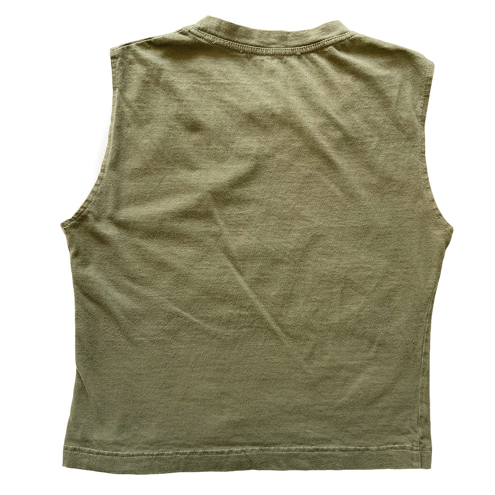 Christian Dior frayed denim logo tee khaki tee by John Galliano for Dior, spring 2003. Stretch jersey fabric with ribbed crew neck and front open neck with faded and frayed denim DIOR letters front graphic. Size: FR 40 Made in France 