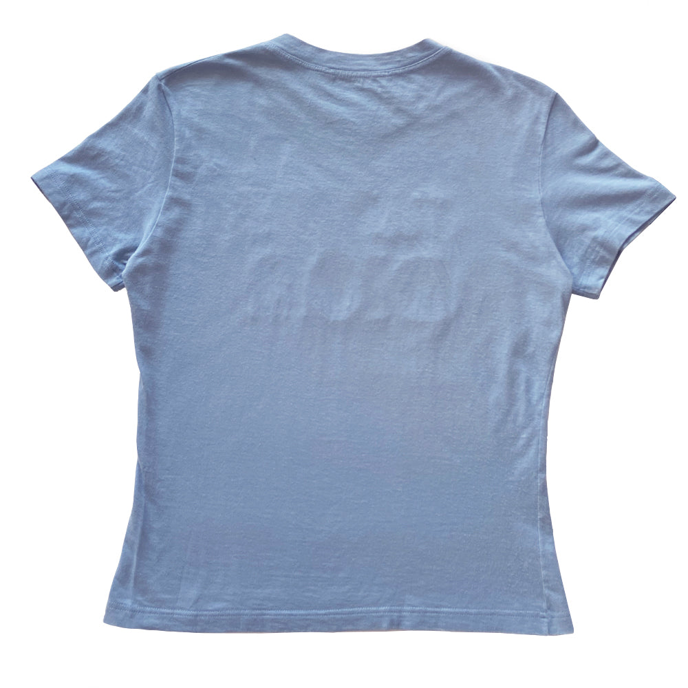 Christian Dior J'adore Dior short sleeve tee by John Galliano.  Front logo in beige suede logo with contrast brown stitching.  One stitch missing on the O as shown in photos.  FR size 44. Made in Italy