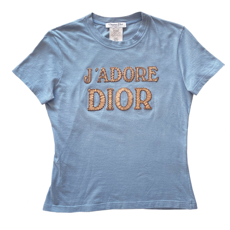 Christian Dior J'adore Dior short sleeve tee by John Galliano.  Front logo in beige suede logo with contrast brown stitching.  One stitch missing on the O as shown in photos.  FR size 44. Made in Italy