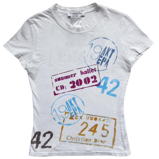 Christian Dior, Dior Addict short sleeve tee by John Galliano for Dior, Autumn 2002 white tee with various stamps in front and Dior Addict stamped in back. Made in France 