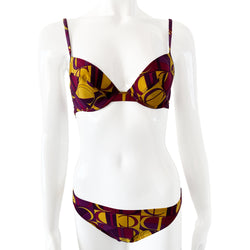 Christian Dior Purple and Yellow CD Logo Bikini with mid rise bottoms and all over modern CD logo print in purple and yellow. Molded bra cups with underwire Gold CD logo clasp closure in back, non-adjustable stretch straps.  Made in France 