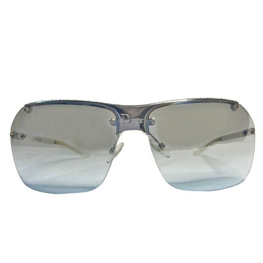Christian Dior HIT 2 frameless sunglasses with curved blue tint lens, logo engraved silver-tone metal bridge and arms, crystal embellished upper frame, Made in Italy 