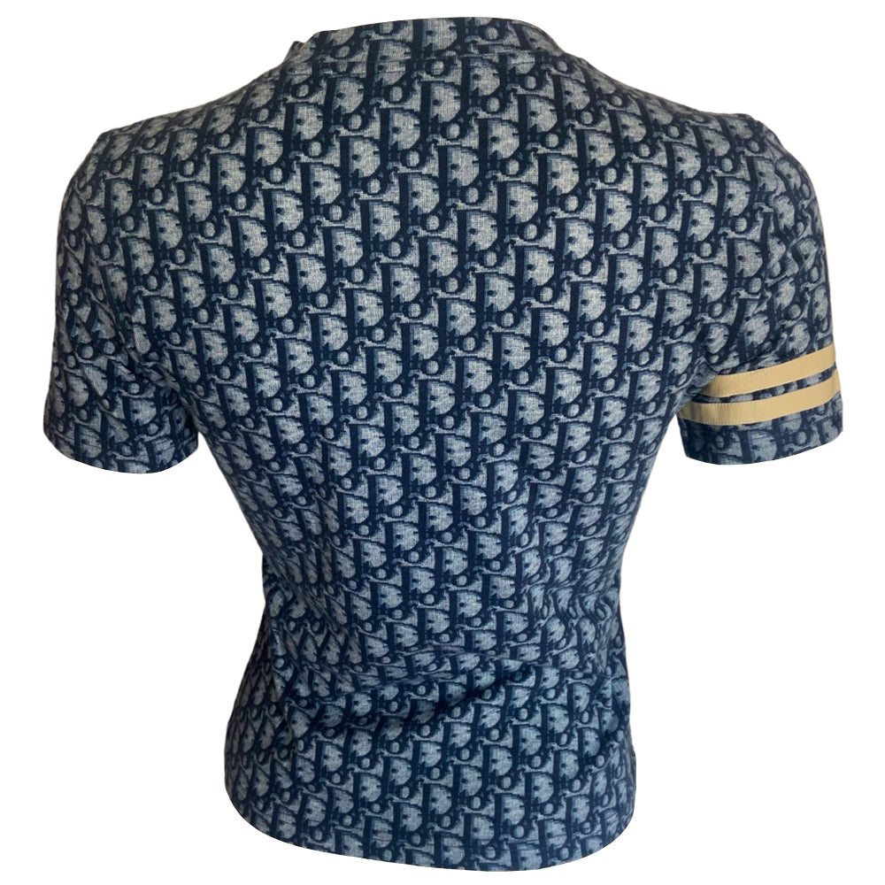 Christian Dior navy monogram short sleeve crew neck tee, spring 2002 by John Galliano for Dior with 2 off white appliqué accent bands at one sleeve. Made in France 