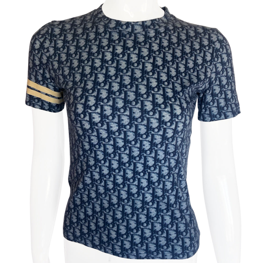 Christian Dior navy monogram short sleeve crew neck tee, spring 2002 by John Galliano for Dior with 2 off white appliqué accent bands at one sleeve. Made in France 
