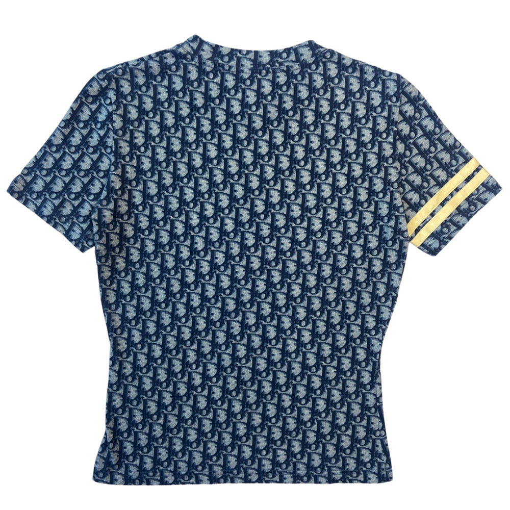 Christian Dior navy monogram short sleeve crew neck tee, spring 2002 by John Galliano for Dior with 2 off white appliqué accent bands at one sleeve. Made in France 