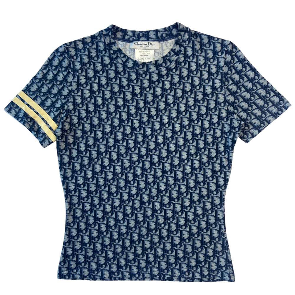 Christian Dior navy monogram short sleeve crew neck tee, spring 2002 by John Galliano for Dior with 2 off white appliqué accent bands at one sleeveMade in France Christian Dior navy monogram short sleeve crew neck tee, spring 2002 by John Galliano for Dior with 2 off white appliqué accent bands at one sleeve. Made in France 