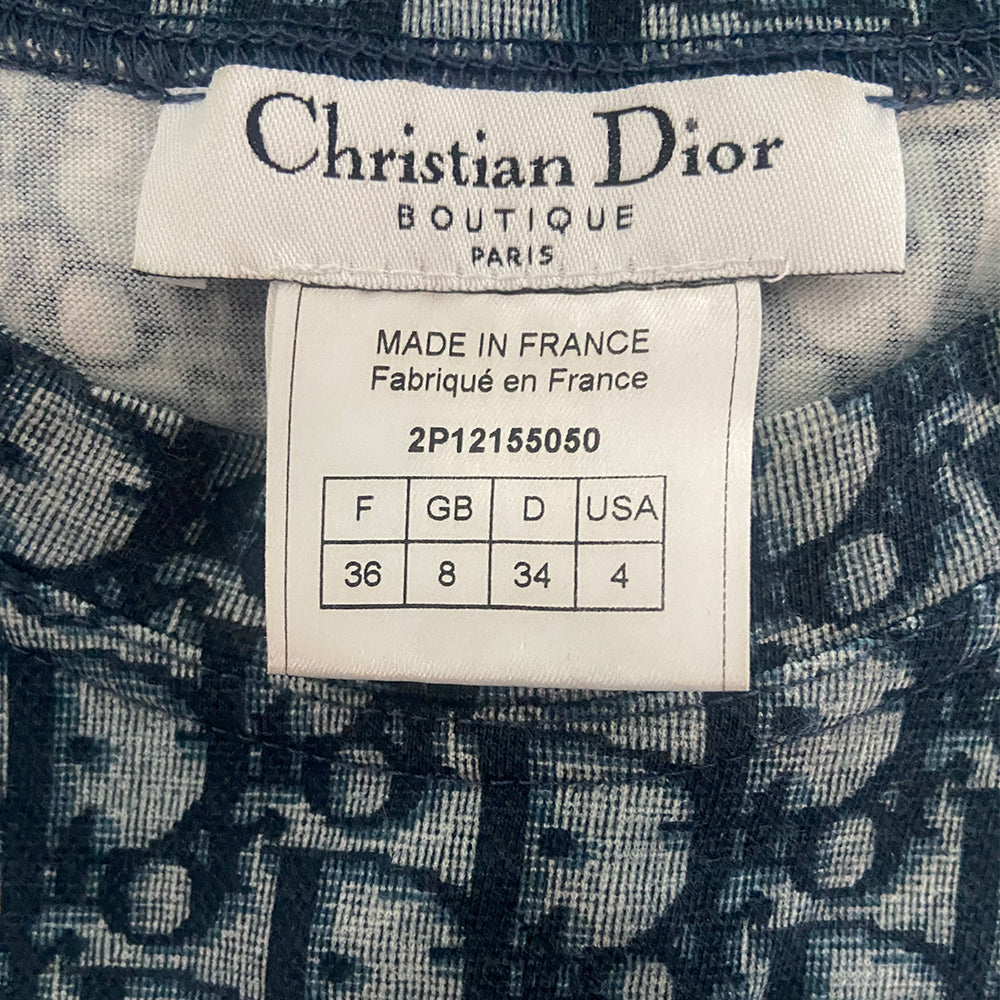 Christian Dior navy monogram short sleeve crew neck tee, spring 2002 by John Galliano for Dior with 2 off white appliqué accent bands at one sleeve. Made in France 