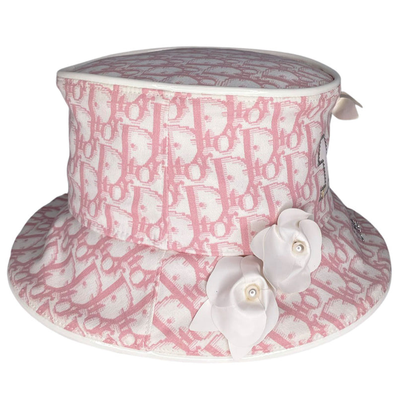 Unused Christian Dior pink monogram Girly collection bucket hat by John Galliano for Dior, spring 2004 adorned with flowers, pearls, Swarovski crystal Dior logo on brim and surrounding leather No 1 in front, patent leather piping. Made in France
