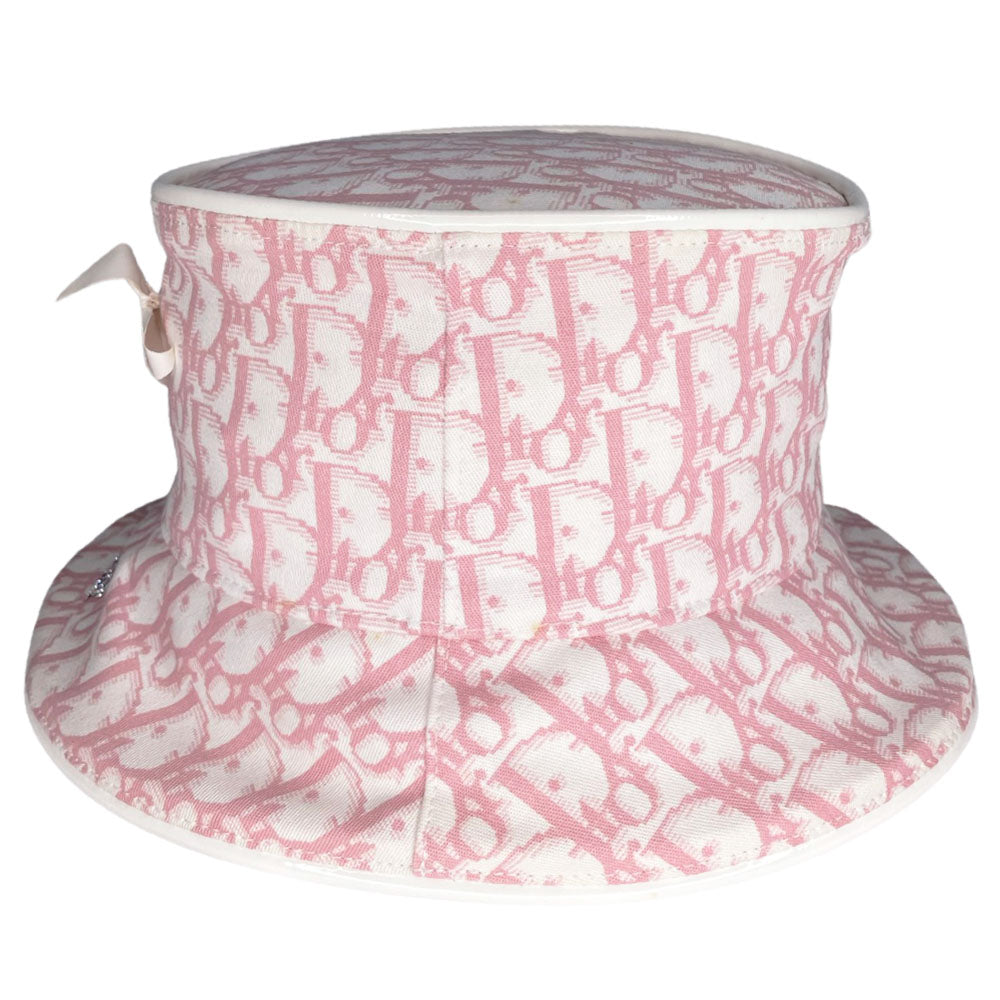 Unused Christian Dior pink monogram Girly collection bucket hat by John Galliano for Dior, spring 2004 adorned with flowers, pearls, Swarovski crystal Dior logo on brim and surrounding leather No 1 in front, patent leather piping. Made in France