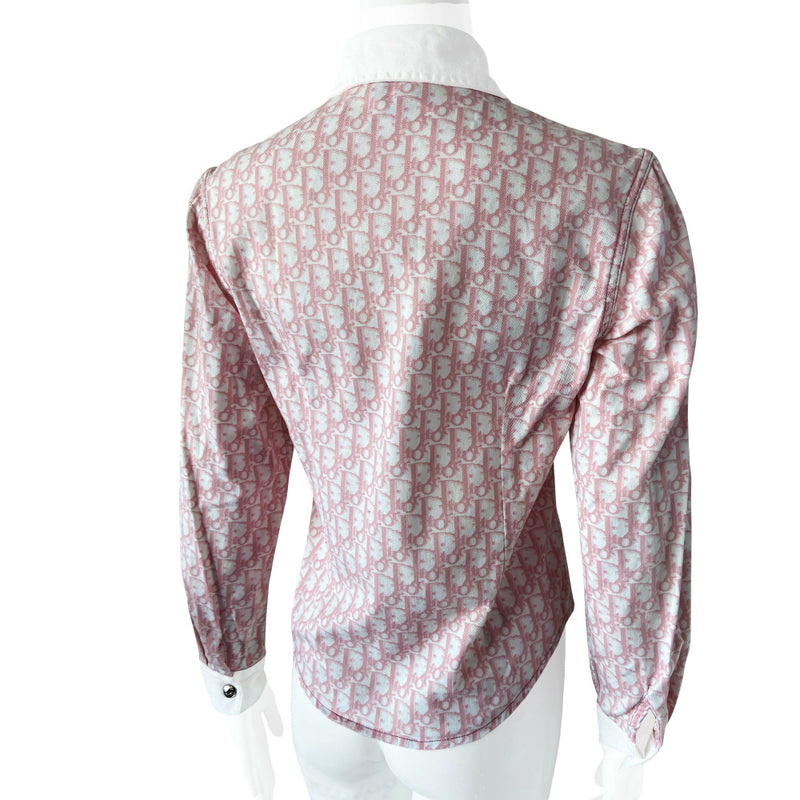 Christian Dior pink monogram long sleeve button up shirt by John Galliano for Dior, spring 2002 with white collar and cuffs, silver-tone logo snap button closure, No 1 white appliqué surrounded in crystals at front chest. Tag Size: FR38. Made in France.
