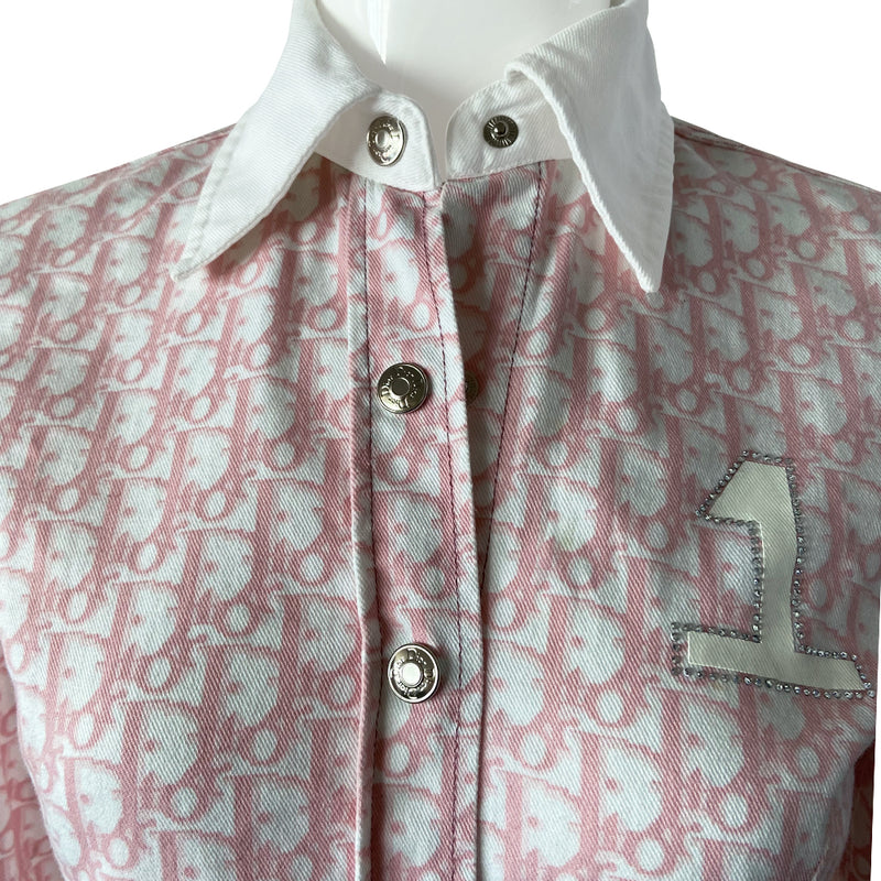 Christian Dior pink monogram long sleeve button up shirt by John Galliano for Dior, spring 2002 with white collar and cuffs, silver-tone logo snap button closure, No 1 white appliqué surrounded in crystals at front chest. Tag Size: FR38. Made in France.