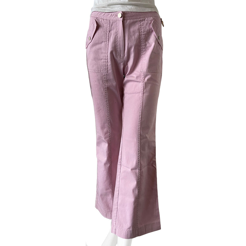 Christian Dior Pink Cargo Pants,  High waist with flared leg and 4 pocket cargo style trousers. Cargo style pockets in front and back Silver-tone metal engraved Christian Dior CD buttons Front zip closure with single button Silver-tone engraved metal clip at front waistband. Made in Italy