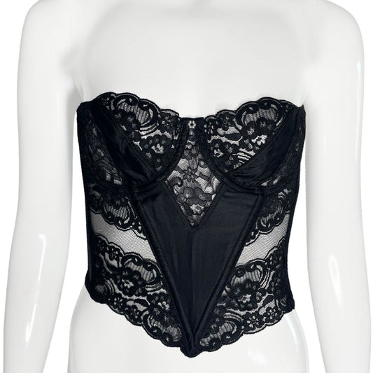 Christian Dior vintage bustier circa 1990's with black silk front V, lace and mesh cutouts, pearly beaded front flower detail, hook and eye back closure. 
