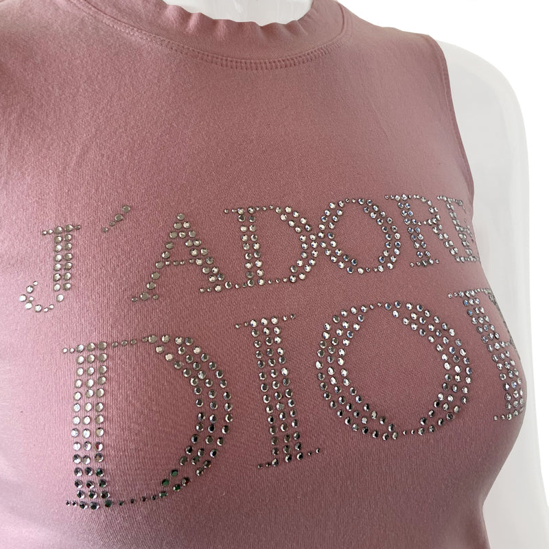 Christian Dior Crystal J’Adore Dior Pink 1947 Sleeveless Tee John Galliano for Christian Dior circa 2001 Sleeveless with crew neck with crystal lettering front and back J’Adore Dior in front with 1947 on back  Size: FR 38 Condition: Small repair in front as shown Made in France 