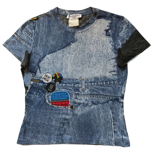 Christian Dior Miss Diorella Trompe L’oeil tee from autumn 2001 by John Galliano for Dior with short sleeve blue denim printed crew neck Illusion printed patches and zippers Fabric: 100% cotton Size: FR 40 Condition: Very good overall, interior tag has fading.  Made in France