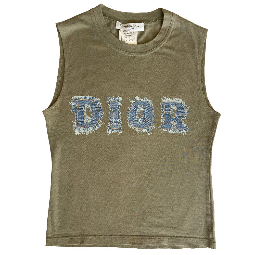 Christian Dior faded frayed denim trompe l’oeil logo letters khaki color crew neck sleeveless tee by John Galliano for Dior, spring 2003. Made in France 