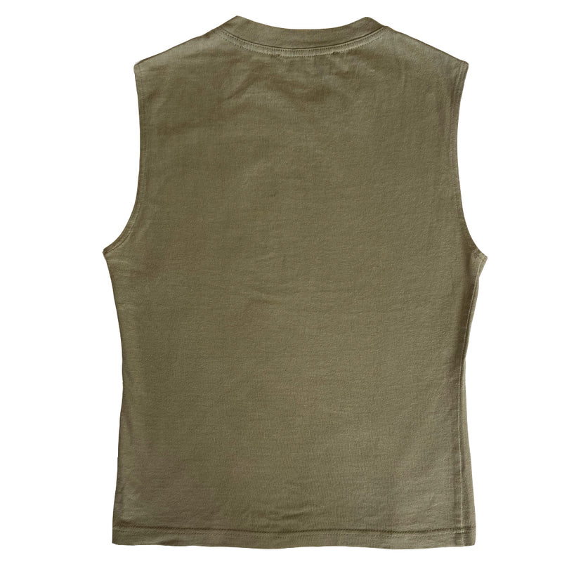 Christian Dior faded frayed denim trompe l’oeil logo letters khaki color crew neck sleeveless tee by John Galliano for Dior, spring 2003. Made in France 