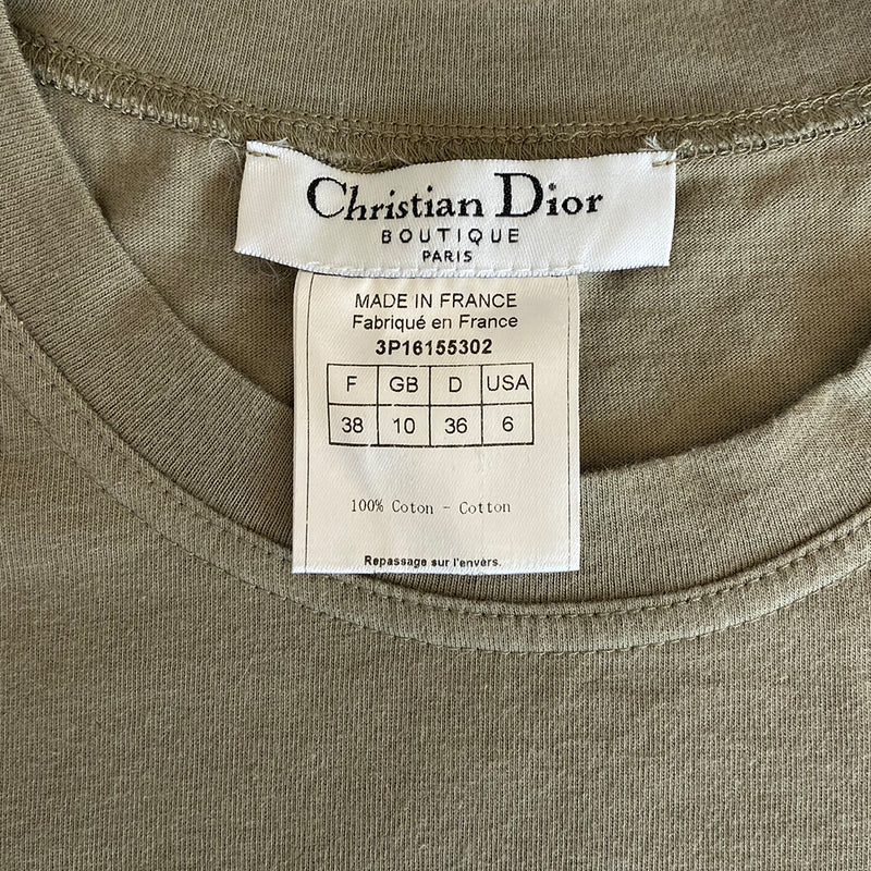 Christian Dior faded frayed denim trompe l’oeil logo letters khaki color crew neck sleeveless tee by John Galliano for Dior, spring 2003. Made in France 
