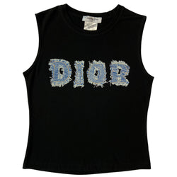 Christian Dior black sleeveless tee with trompe l’oeil frayed faded denim front Dior logo letters by John Galliano for Dior, spring 2003. Made in France 