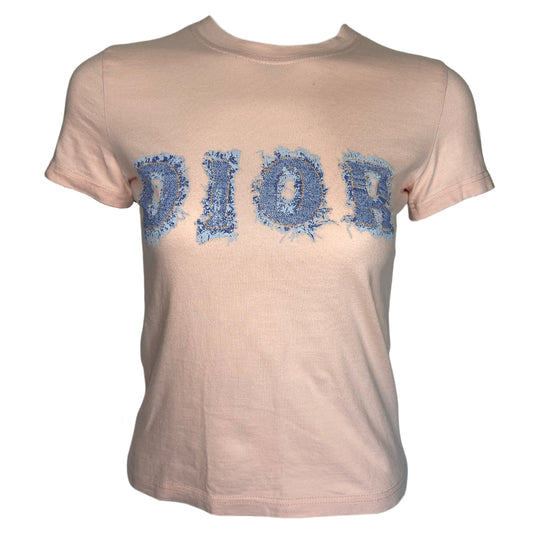 Christian Dior short sleeve blush pink tee by John Galliano for Dior, spring 2003 with ribbed crew neck and trompe l’oeil frayed faded denim DIOR logo letters. Made in France 