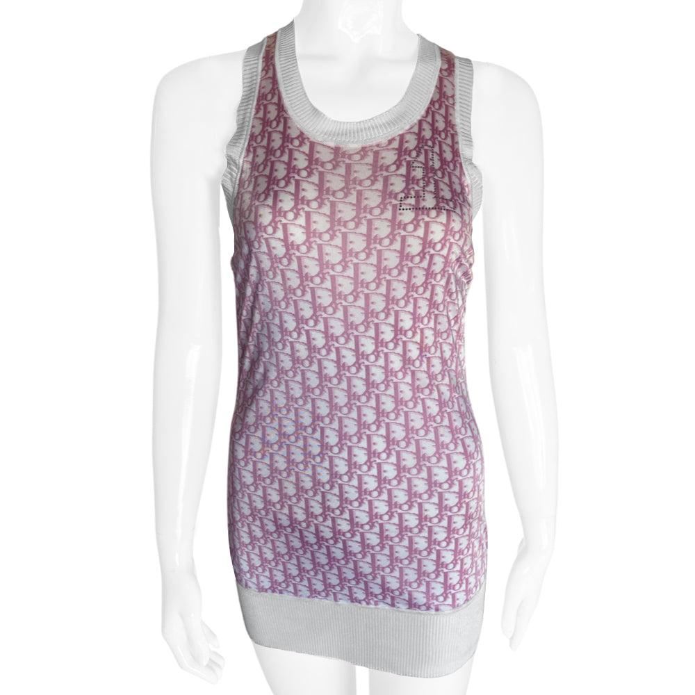 Christian Dior pink monogram No. 1 tank dress by John Galliano for Dior, spring 2004 Diorissimo print with wide accent ribbing at neckline, arm holes and bottom hem. No. 1 surrounded with white crystals at upper chest, toggle end side drawstrings add ruching. Made in Italy