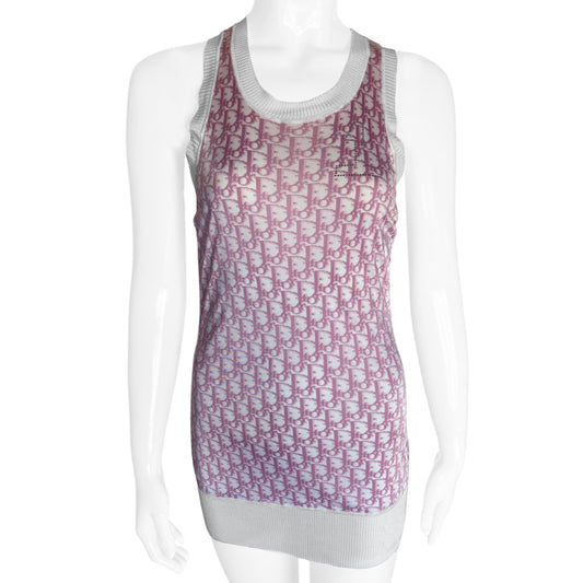 Christian Dior pink monogram No. 1 tank dress by John Galliano for Dior, spring 2004 Diorissimo print with wide accent ribbing at neckline, arm holes and bottom hem. No. 1 surrounded with white crystals at upper chest, toggle end side drawstrings add ruching. Made in Italy