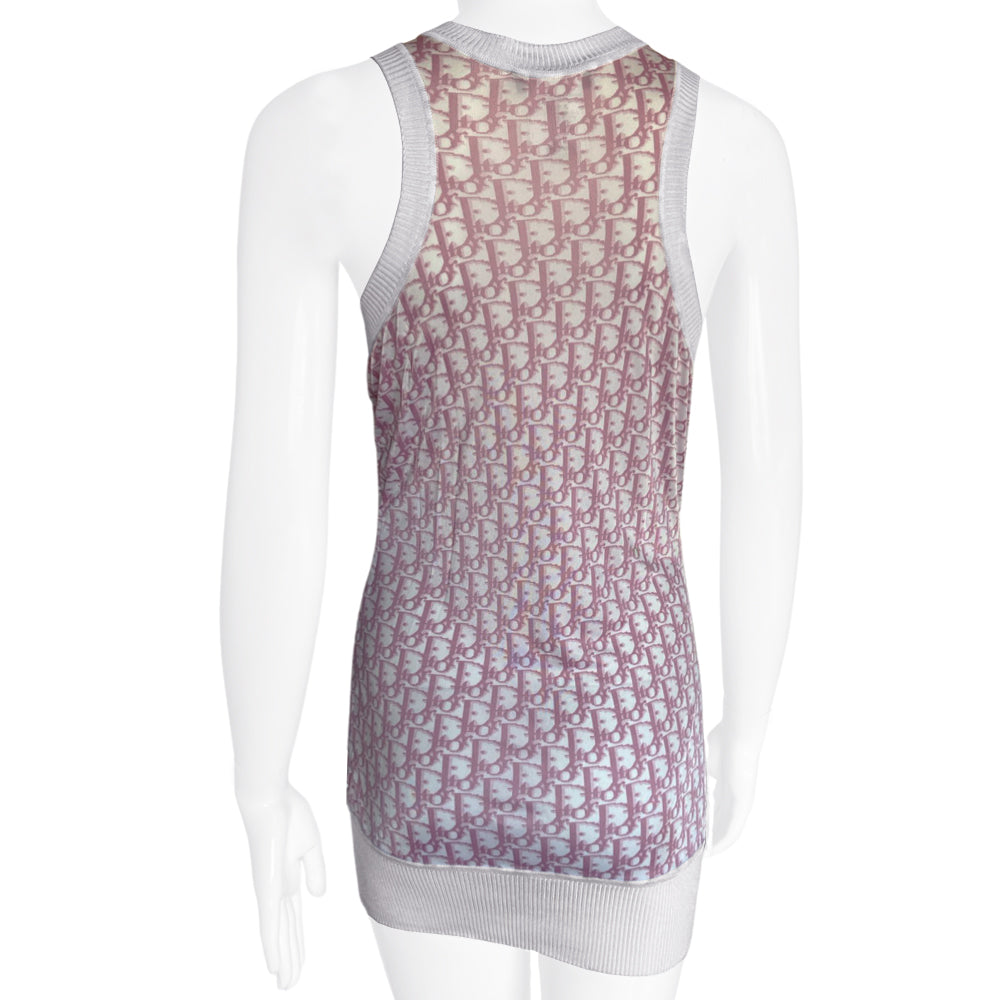 Christian Dior pink monogram No. 1 tank dress by John Galliano for Dior, spring 2004 Diorissimo print with wide accent ribbing at neckline, arm holes and bottom hem. No. 1 surrounded with white crystals at upper chest, toggle end side drawstrings add ruching. Made in Italy