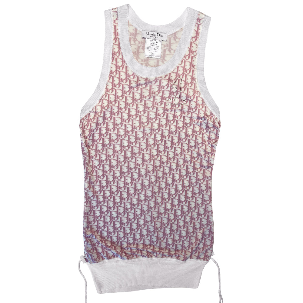 Christian Dior pink monogram No. 1 tank dress by John Galliano for Dior, spring 2004 Diorissimo print with wide accent ribbing at neckline, arm holes and bottom hem. No. 1 surrounded with white crystals at upper chest, toggle end side drawstrings add ruching. Made in Italy