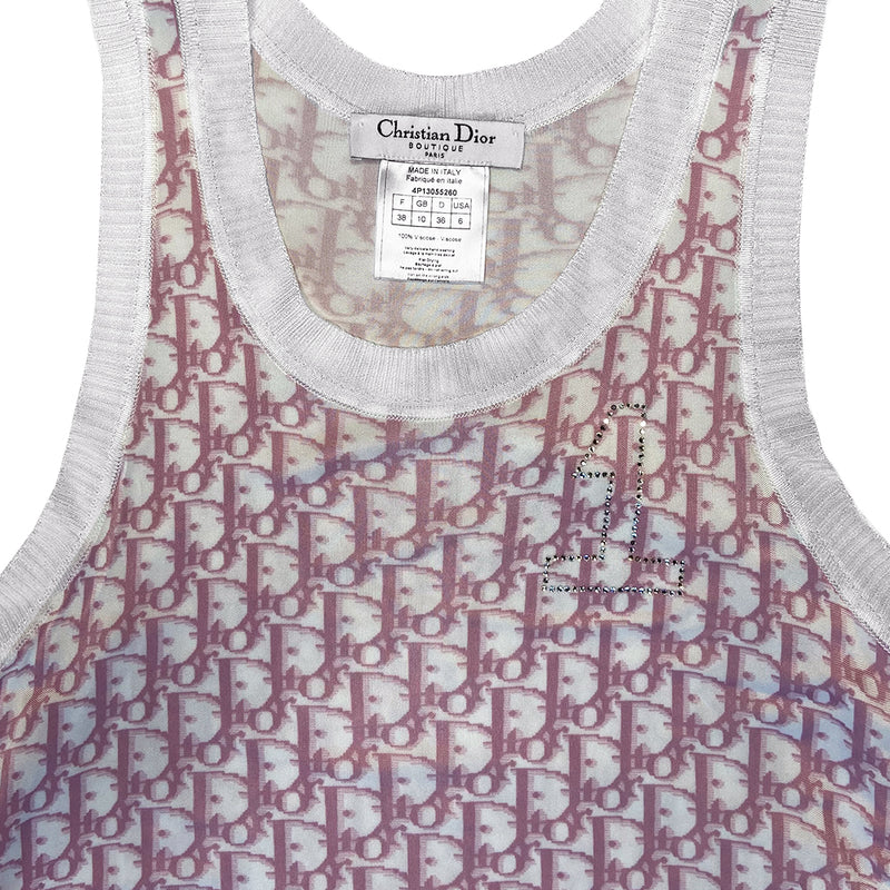 Christian Dior pink monogram No. 1 tank dress by John Galliano for Dior, spring 2004 Diorissimo print with wide accent ribbing at neckline, arm holes and bottom hem. No. 1 surrounded with white crystals at upper chest, toggle end side drawstrings add ruching. Made in Italy