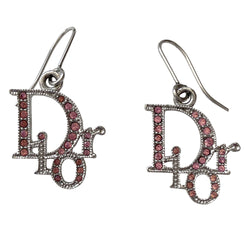 Christian Dior pink crystal embellished hook style earrings. Blush color crystals inset into silver-tone logo earrings. 