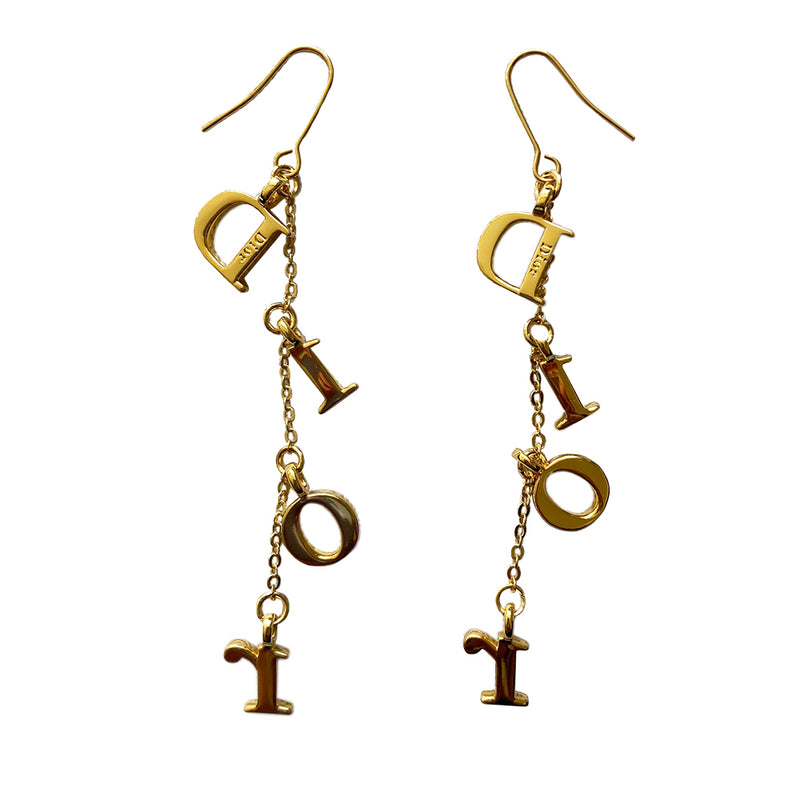 Christian Dior hook style gold-tone chain drop earrings featuring white crystal embellished Dior logo letters and single chain with Dior logo engraved stamp in back. 