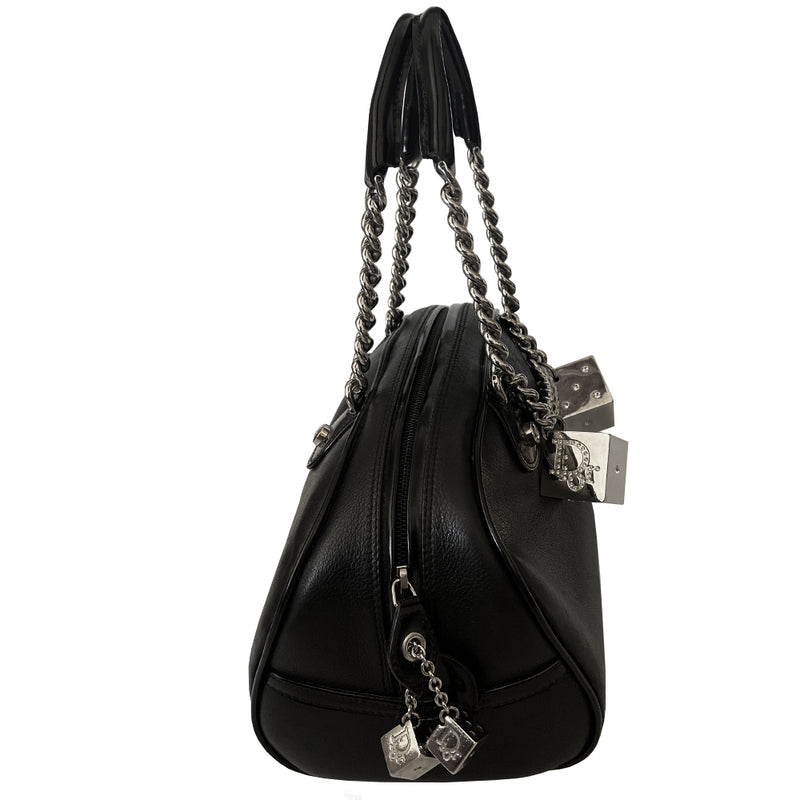 Christian Dior black calf leather gambler bowler bag by John Galliano for Dior, 2004  with silver-tone Swarovski embellished large dice, domed feet, 2 chain and leather top handles, dual zipper closure with dice zipper pull. Logo textile lining with interior zip pocket, small cell phone pocket. Made in Italy 