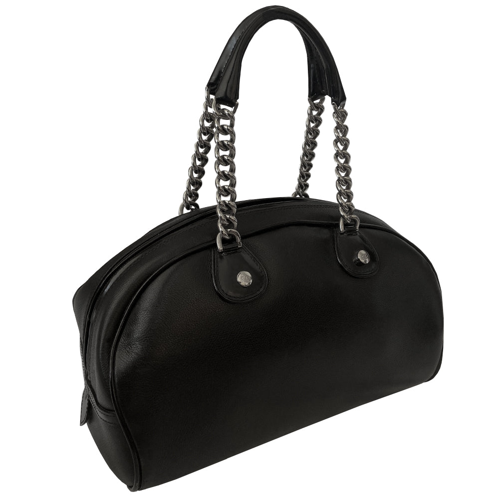 Christian Dior black calf leather gambler bowler bag by John Galliano for Dior, 2004  with silver-tone Swarovski embellished large dice, domed feet, 2 chain and leather top handles, dual zipper closure with dice zipper pull. Logo textile lining with interior zip pocket, small cell phone pocket. Made in Italy 