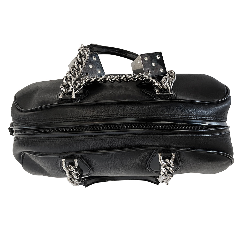 Christian Dior black calf leather gambler bowler bag by John Galliano for Dior, 2004  with silver-tone Swarovski embellished large dice, domed feet, 2 chain and leather top handles, dual zipper closure with dice zipper pull. Logo textile lining with interior zip pocket, small cell phone pocket. Made in Italy 