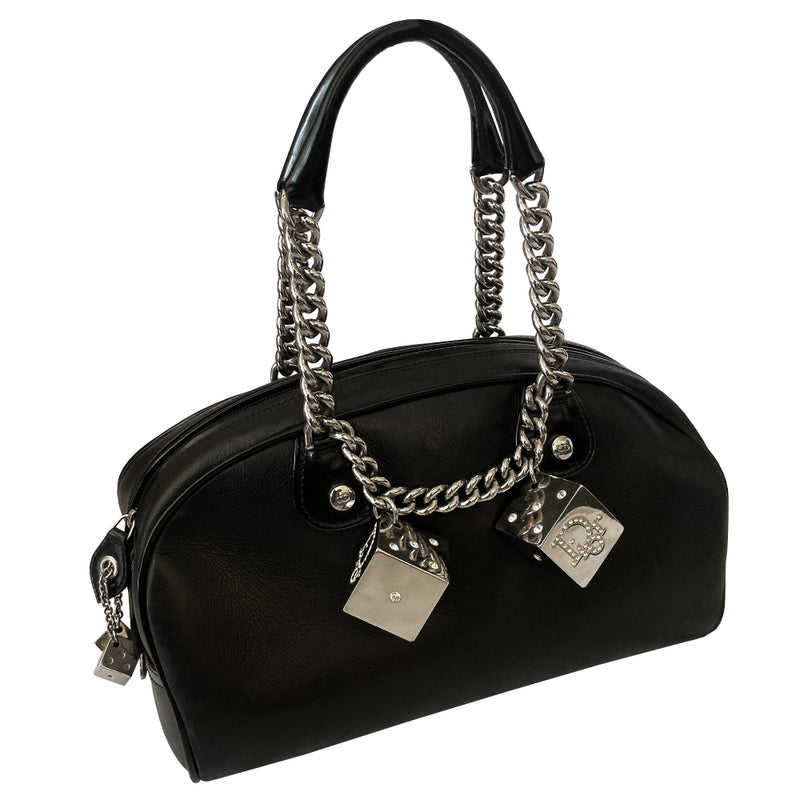 Christian Dior black calf leather gambler bowler bag by John Galliano for Dior, 2004  with silver-tone Swarovski embellished large dice, domed feet, 2 chain and leather top handles, dual zipper closure with dice zipper pull. Logo textile lining with interior zip pocket, small cell phone pocket. Made in Italy 