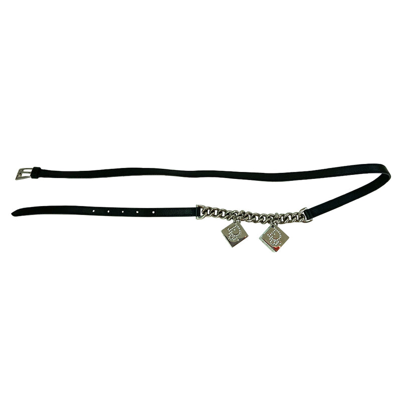 Christian Dior Crystal Chain Link Dice Belt F/W 2004 by John Galliano for Dior. Leather with silver chain accent diamante embellished Dior logo silver dice. Black leather adjustable slider loop. Silver CD Engraved Buckle. Light wear on dice; not noticeable when wearing.