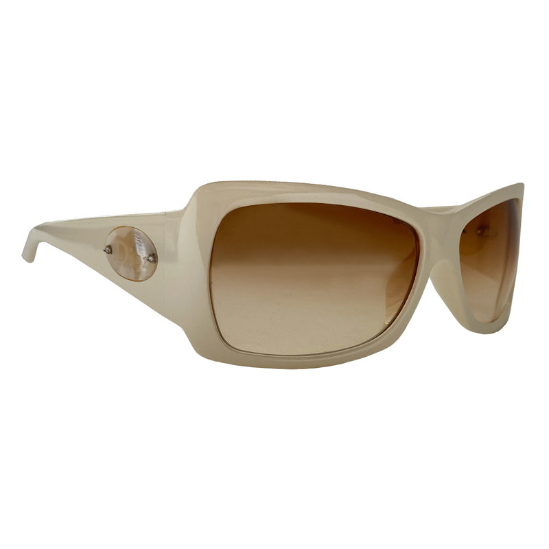 Christian Dior ivory frame sunglasses with amber gradient lenses and wide arms Dior embossed oval mother of pearl Dior name plate attached with embedded crystals at each arm. Style: Classicdior 1/F CQLBA Condition: Excellent, no scratches on lenses or frame Made in Italy 
