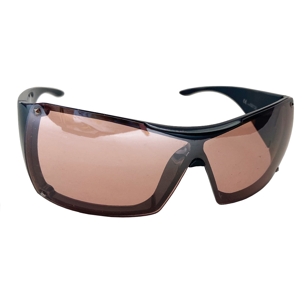 Christian Dior Overshine 2 Sunglasses circa early to mid 2000’s with oversized rose tint lenses, squared rims, black colored frame with wide arms. Dior logo name embossed in pink at each arm. Style: 00DX3 110. Made in Italy 